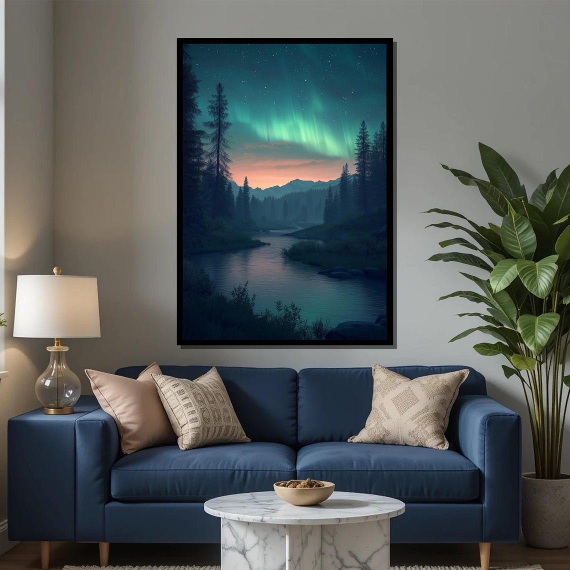 Northern Lights River Painting Mystical Night Sky Wall Art Dreamy Forest Landscape Print Celestial Nature Scene Large Home Gift - Image 2