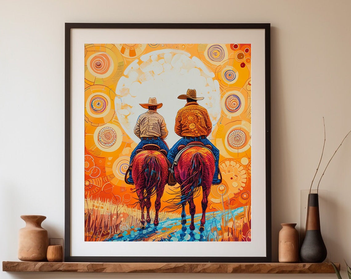 Cowboy Horseback Riding Art Print, Rustic Western Decor