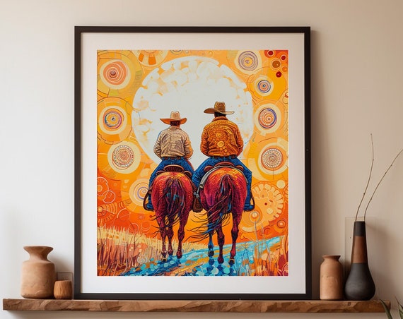 Cowboy Horseback Riding Art Print, Rustic Western Decor