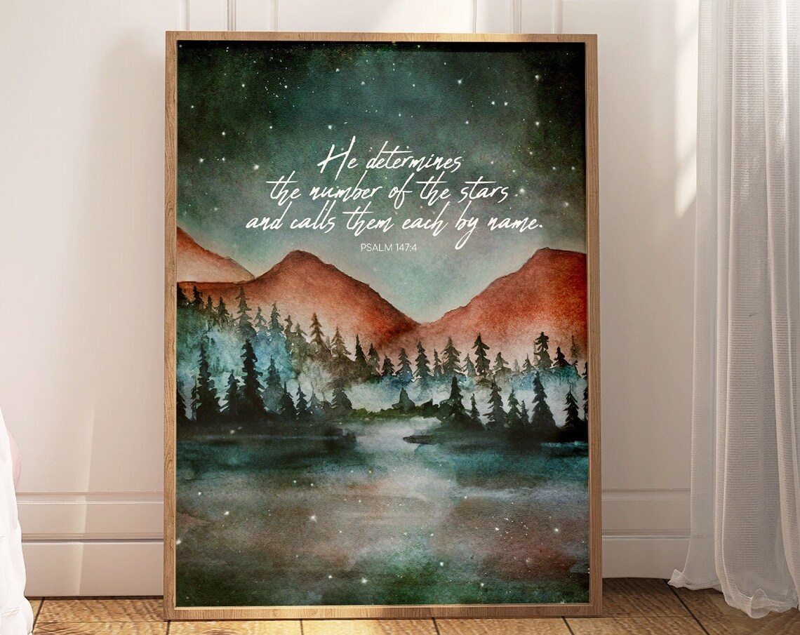 Psalm 147:4 Number Of The Stars Rust Mountain Lake Scripture Quote Print