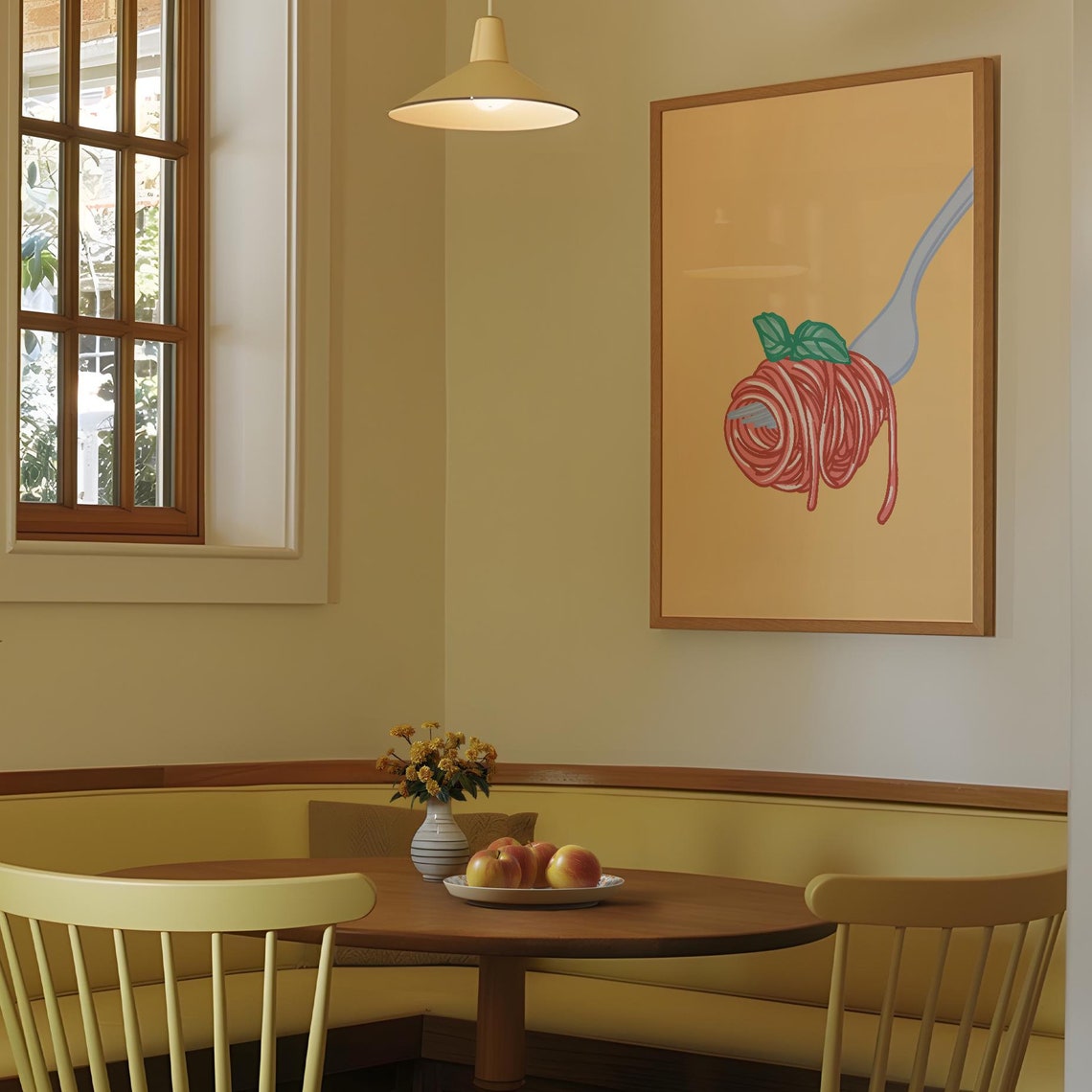 Spaghetti Fork Twirl Basil Red Yellow Whimsical Italian Kitchen Poster