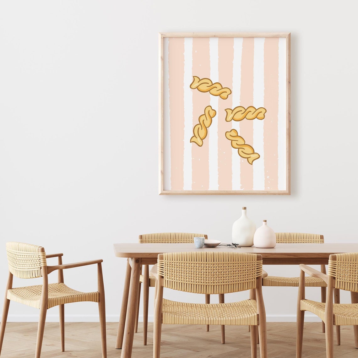 Twisted Fusilli Pasta Blush Pink Striped Background Kitchen Poster