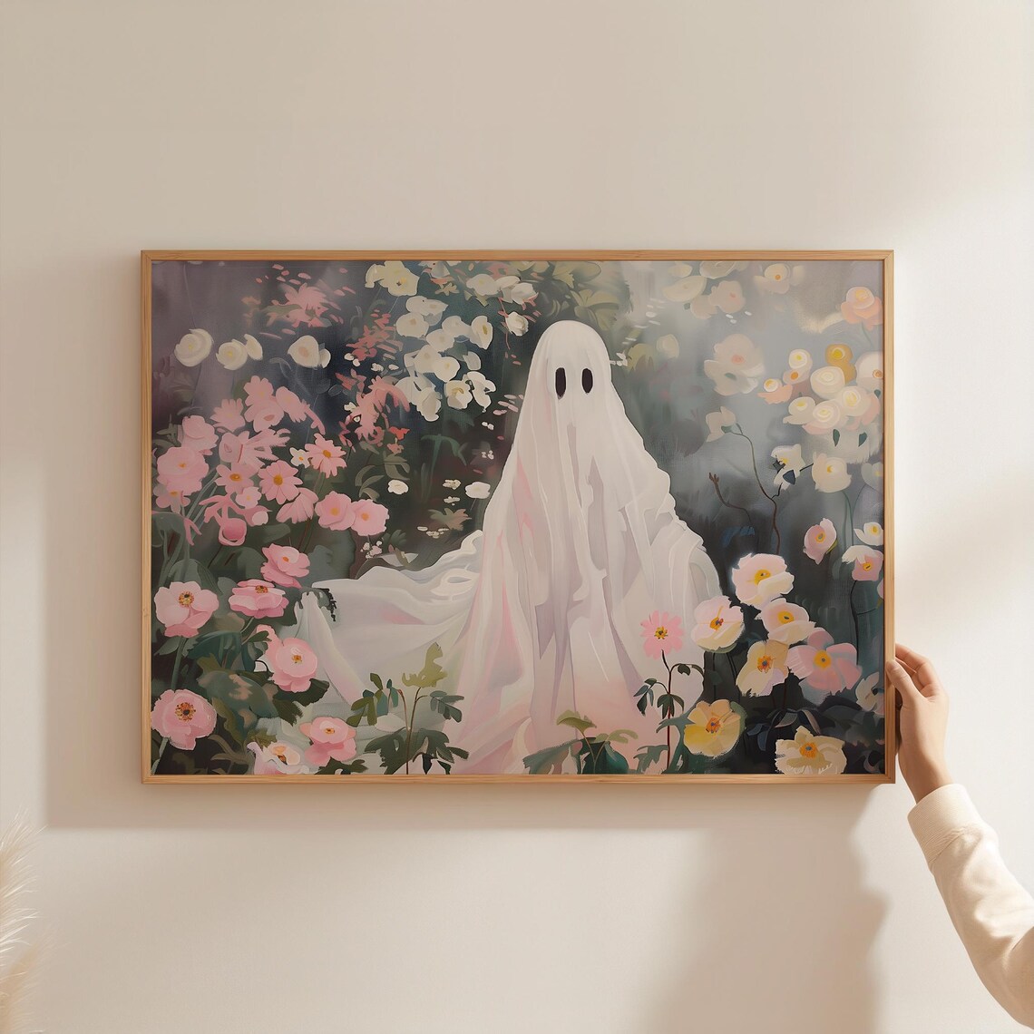 White Ghost Among Pink Wildflowers Painting Soft Spooky Floral Wall Art Print - Image 3