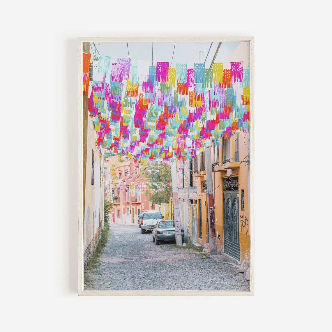 Mexico City Street Colorful Papel Picado Flags Festive Old Town Poster