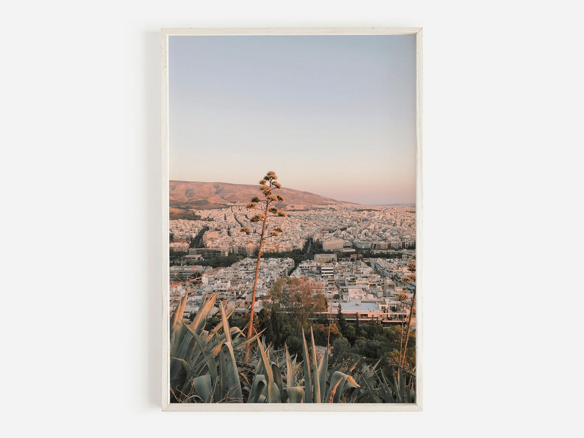 Greece Sunset Cityscape White Buildings Agave Foreground Travel Poster