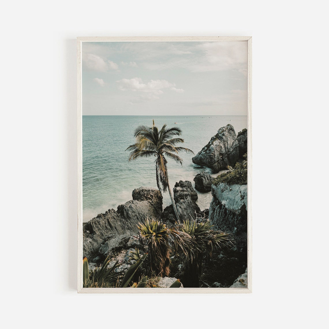Tulum Mexico Rocky Coast Palm Tree Ocean Overlook Serene View Poster