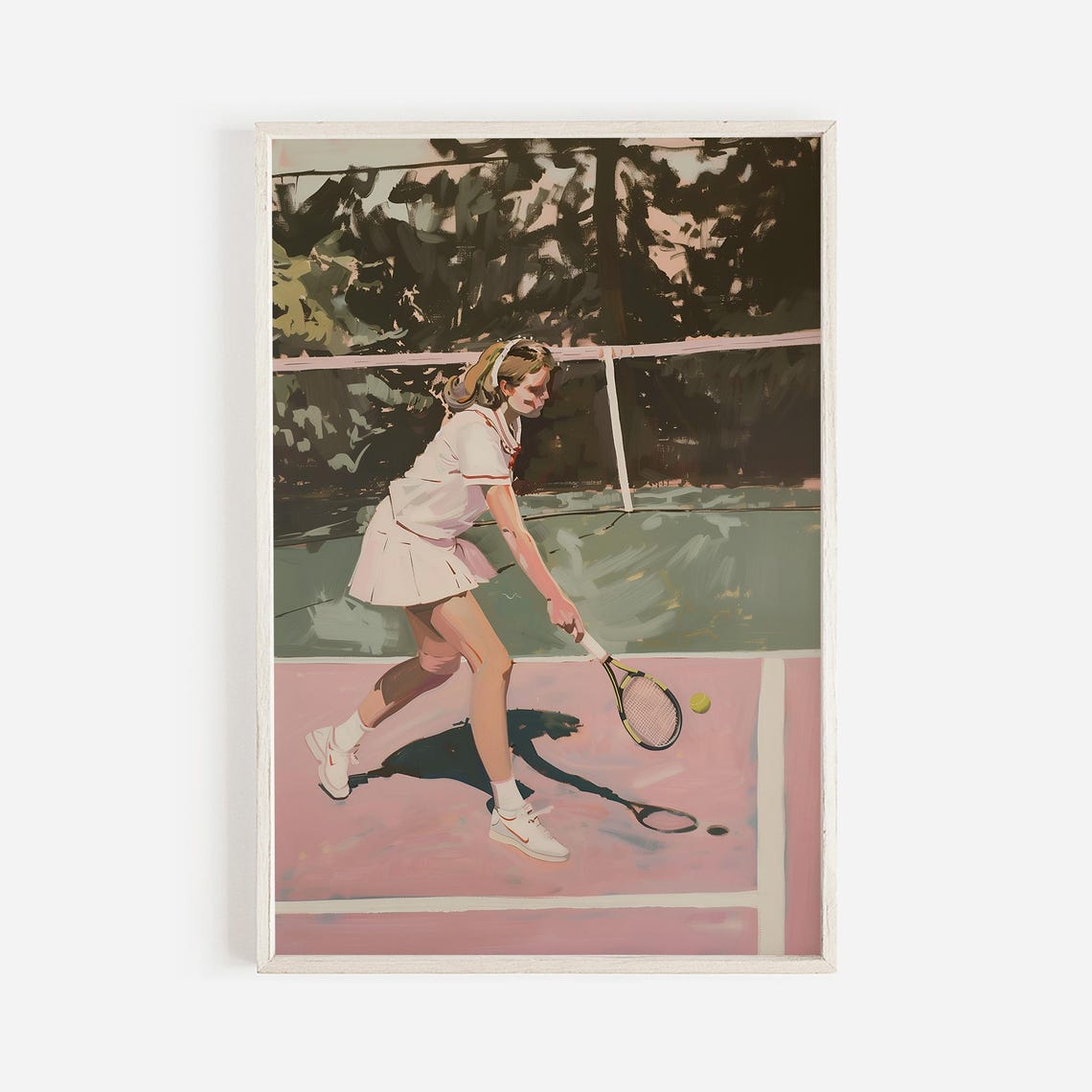 Retro Girl Playing Tennis Poster Country Club Court Pink Tennis Wall Art Preppy Athletic Print 1970s Tennis Outfit Pink Tennis Court