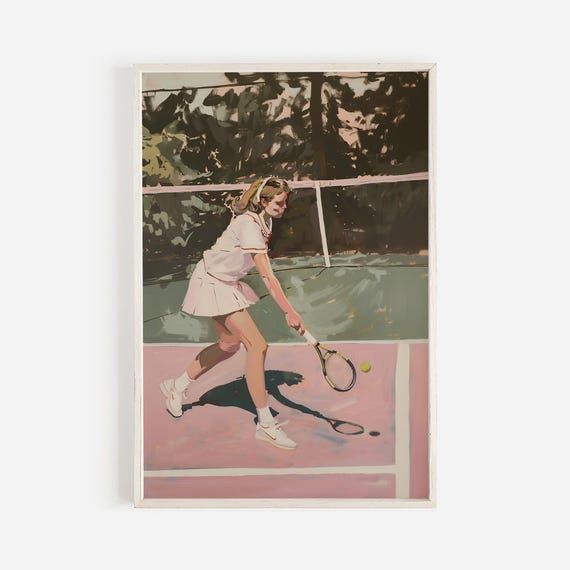 Retro Girl Playing Tennis Poster Country Club Court Pink Tennis Wall Art Preppy Athletic Print 1970s Tennis Outfit Pink Tennis Court