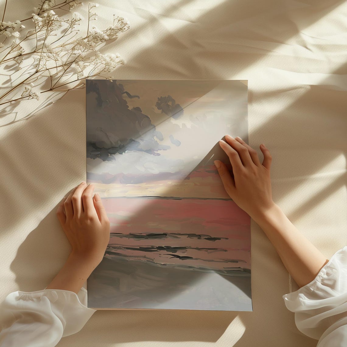 Pink Beach Sunset Hand Painted Ocean Waves Pastel Coastal Art Poster - Image 4