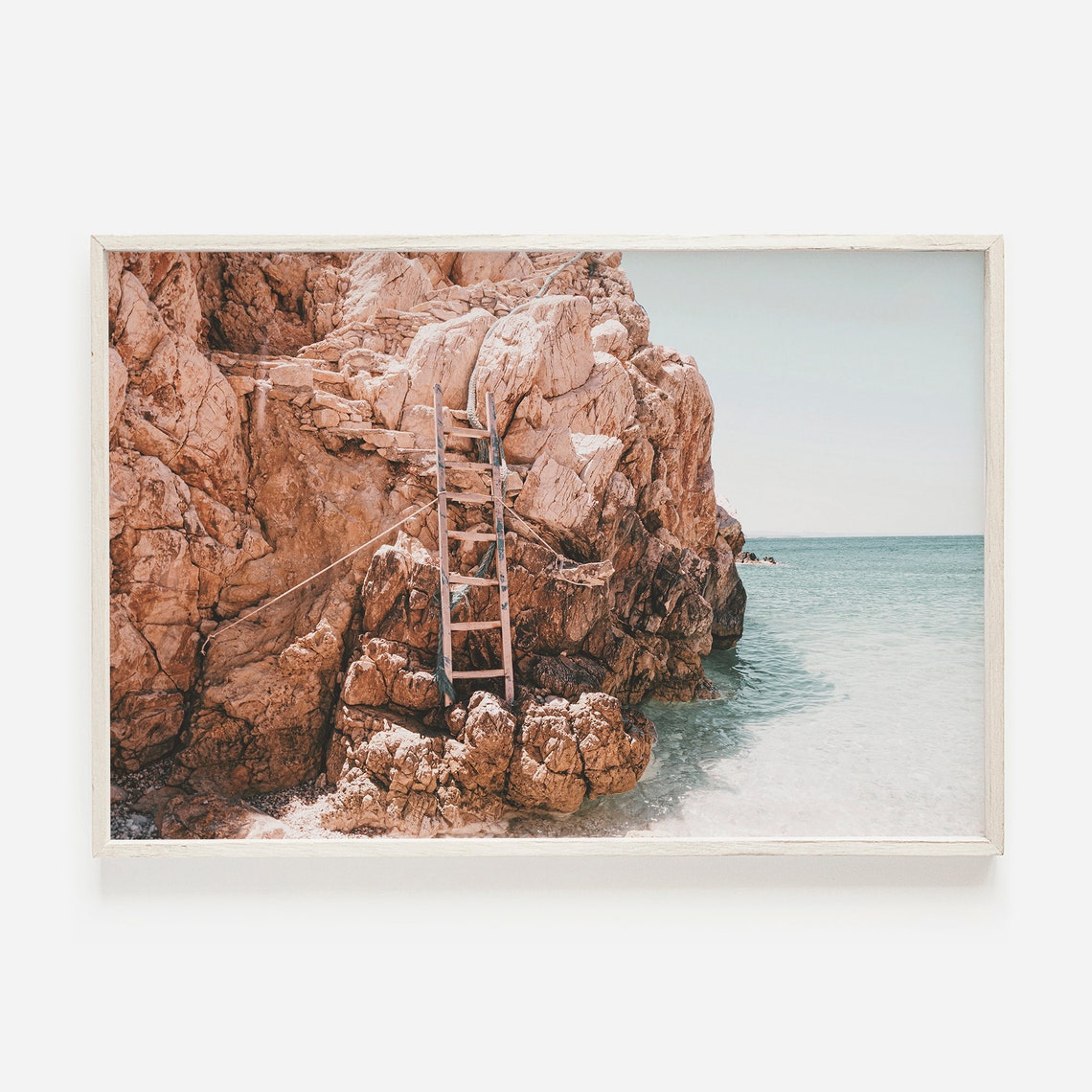 Wooden Ladder Rugged Cliff Turquoise Sea Greece Coast Travel Poster