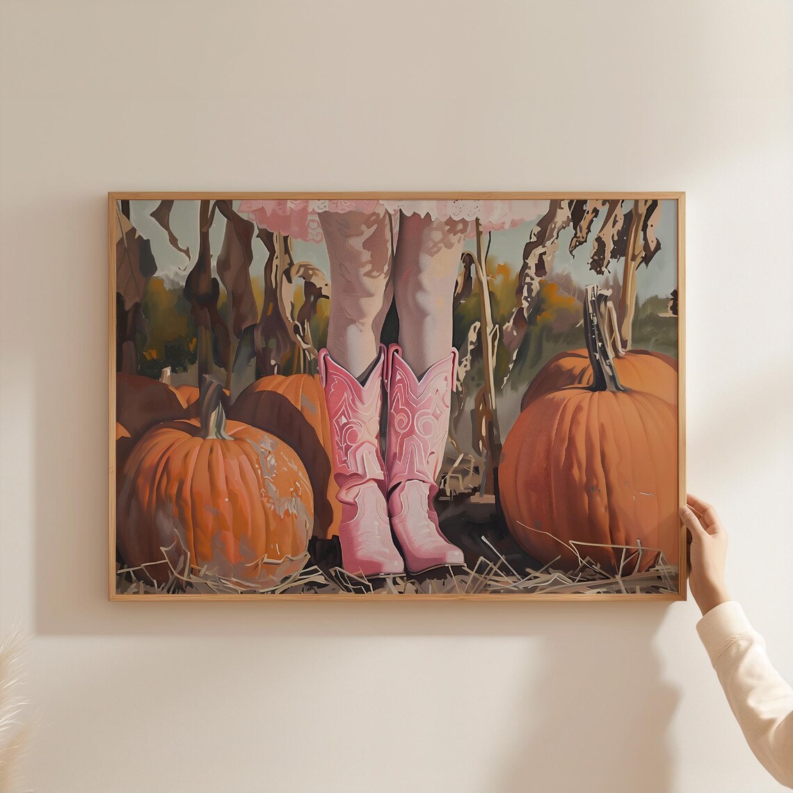 Pink Cowboy Boots in Orange Pumpkin Patch Painting Western Fall Art Print - Image 3