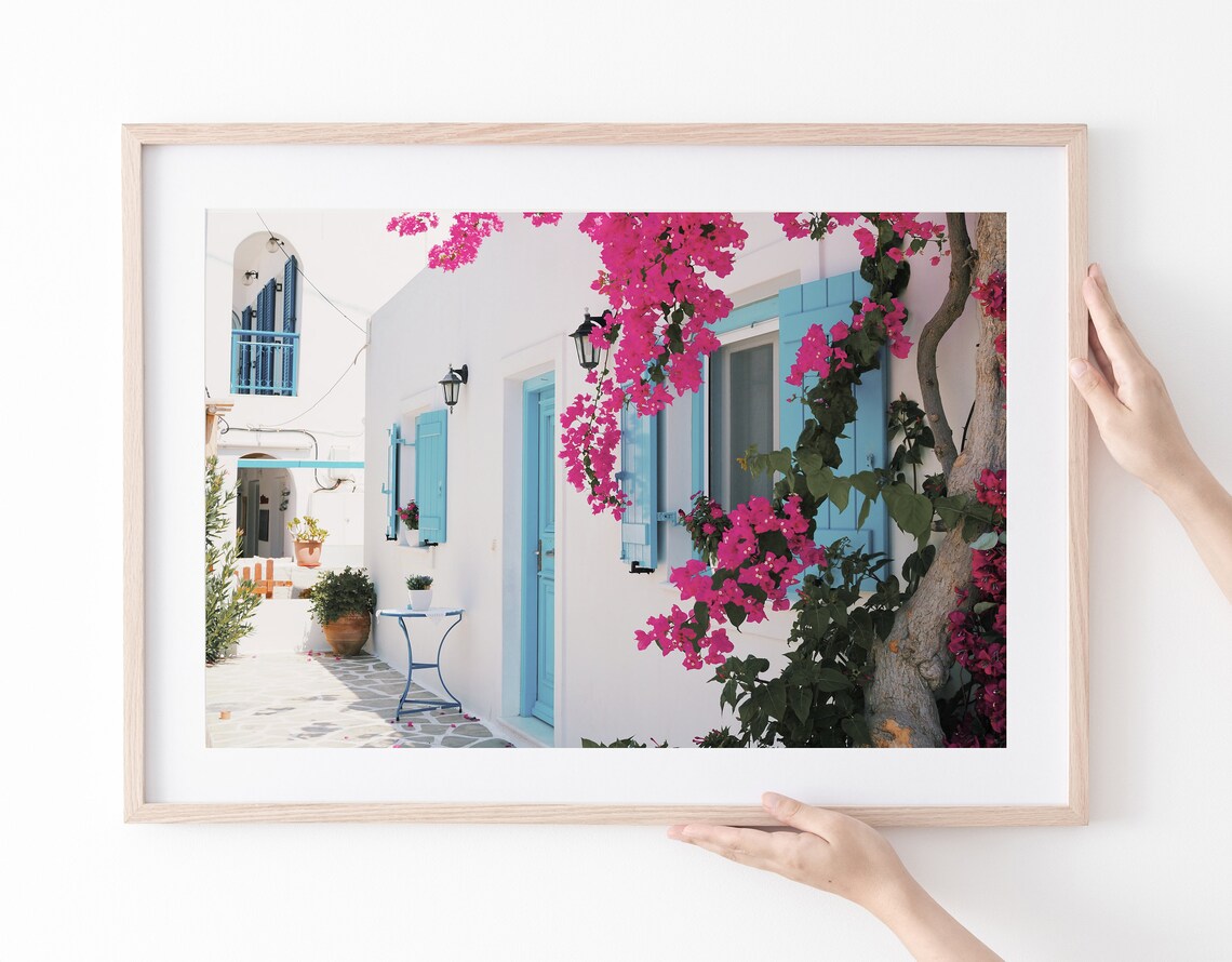 Santorini Bougainvillea Print, Greece Travel Poster - Image 2