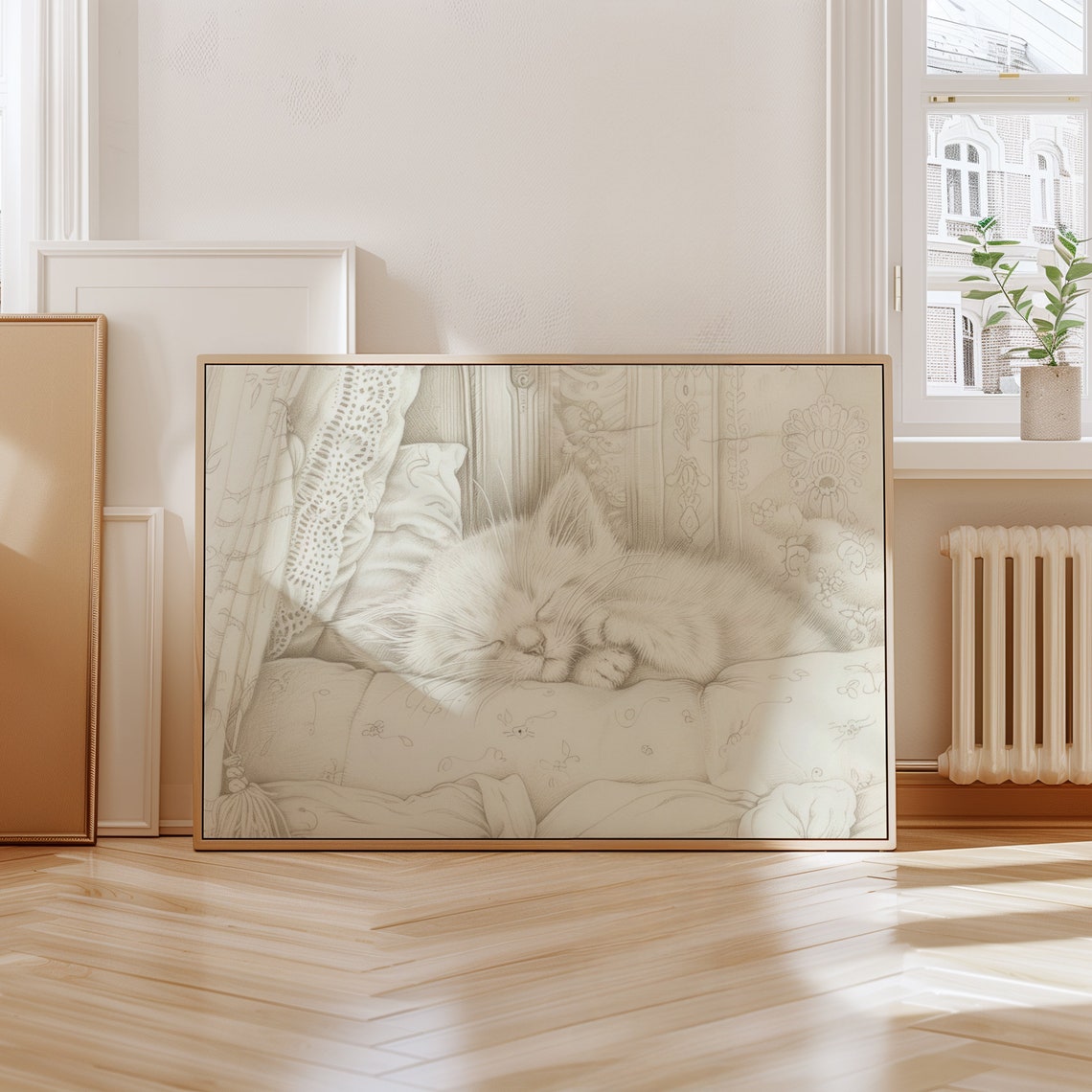 Vintage Kitten Sketch Sleeping White Cat Cottagecore Pencil Art Poster - Image 4