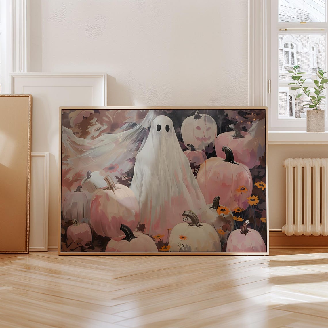 Cute Sheet Ghost In Pink Pumpkin Patch Halloween Painting Art Poster - Image 4