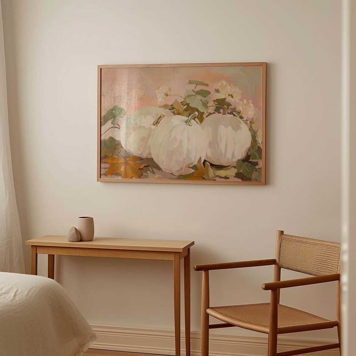 White Pumpkin Still Life Painting Beige Autumn Harvest Farmhouse Wall Art Print - Image 2