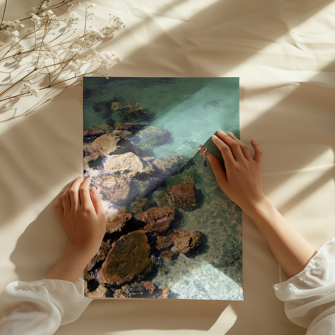 Sardinia Italy Aerial Snorkeler Turquoise Water Rocky Coastline Poster - Image 3