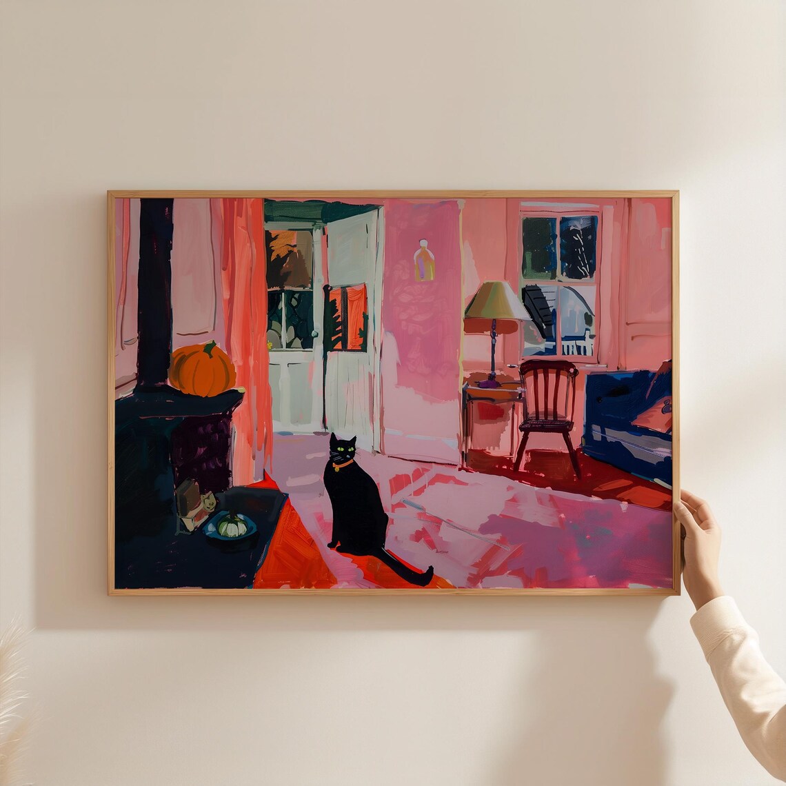 Cozy Black Cat in Pink Halloween Room Painting Pumpkin Cat Lovers Wall Art Print - Image 3