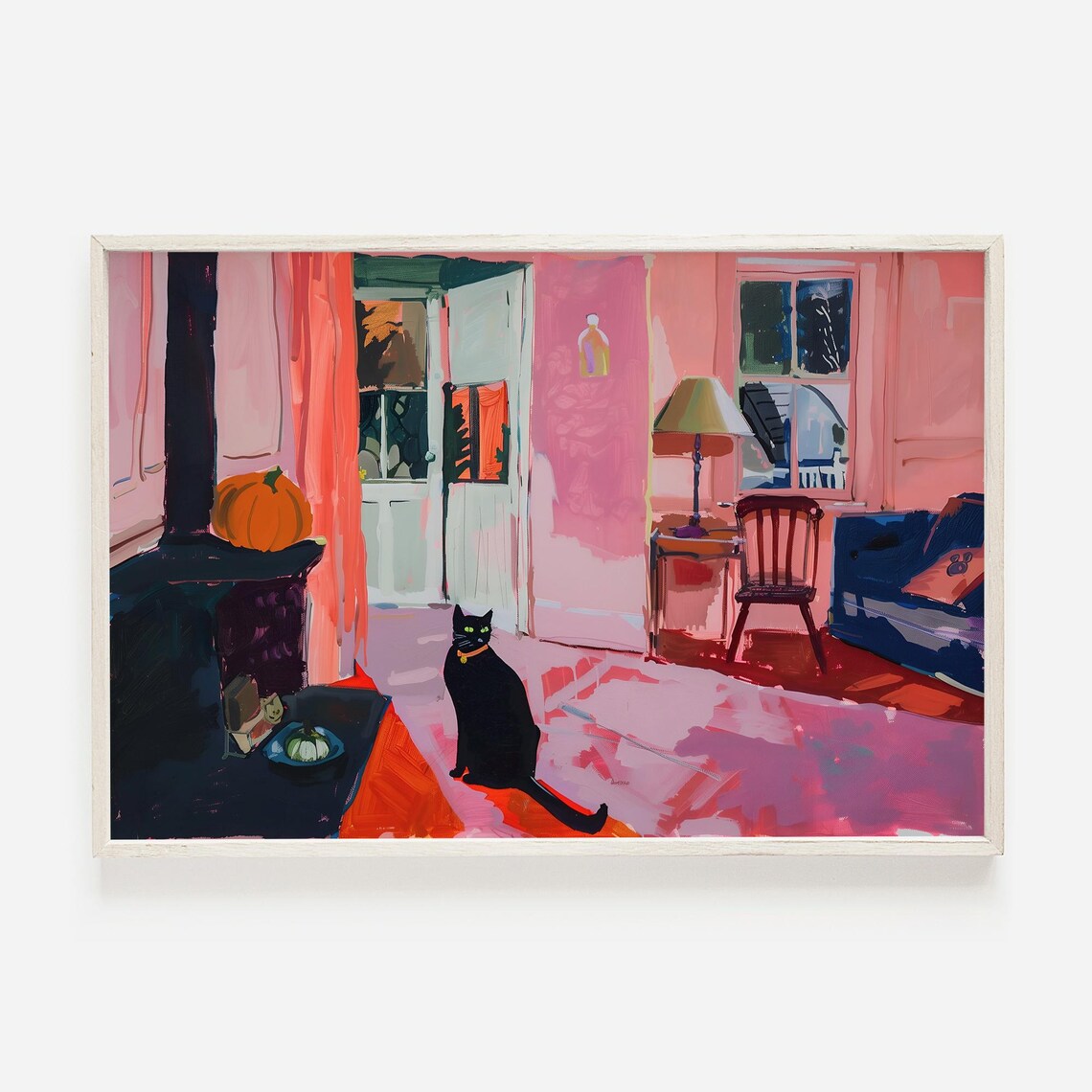 Cozy Black Cat in Pink Halloween Room Painting Pumpkin Cat Lovers Wall Art Print