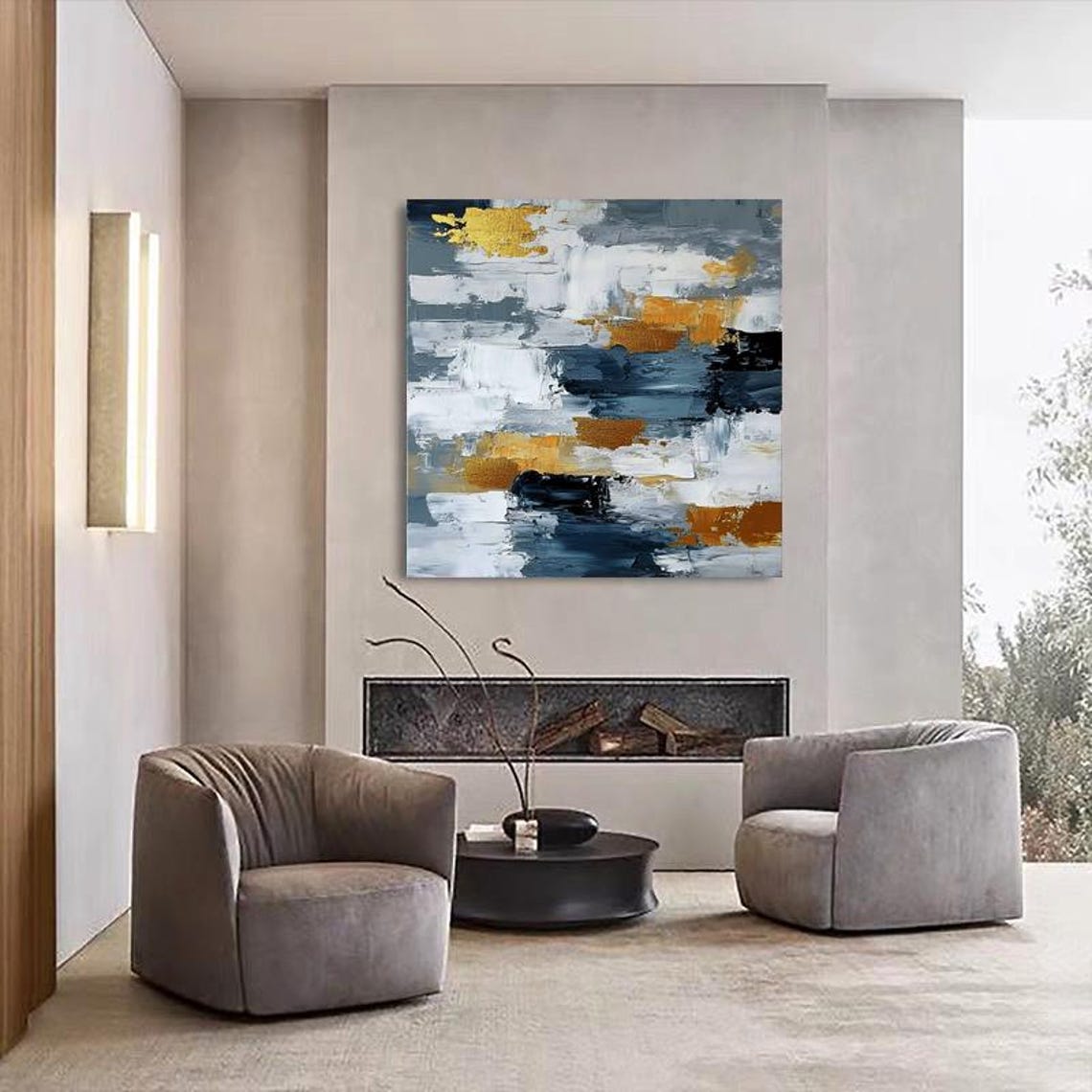 Elegant Grey White and Gold Modern Abstract Oil Painting Poster - Image 2