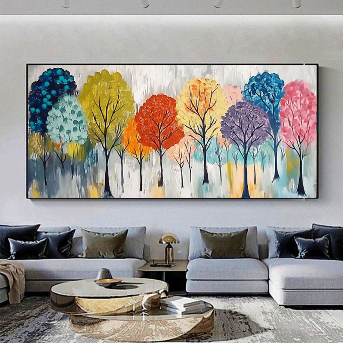Cheerful Row of Rainbow Color Trees in Whimsical Forest Poster - Image 6