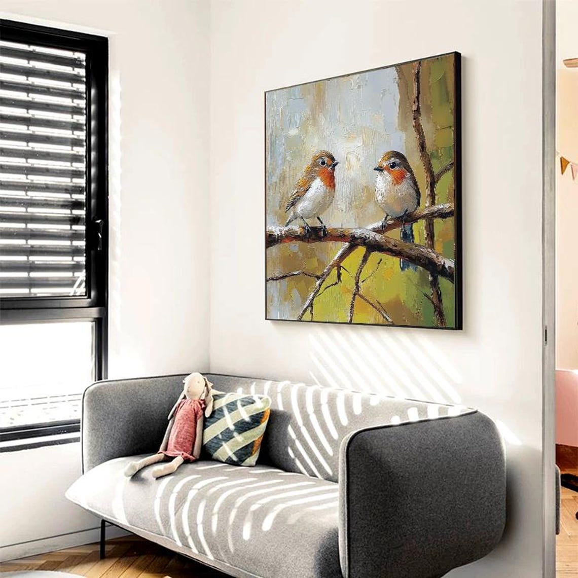 Two Sweet Robins With Orange Breasts Perched on Branches Square Poster - Image 2