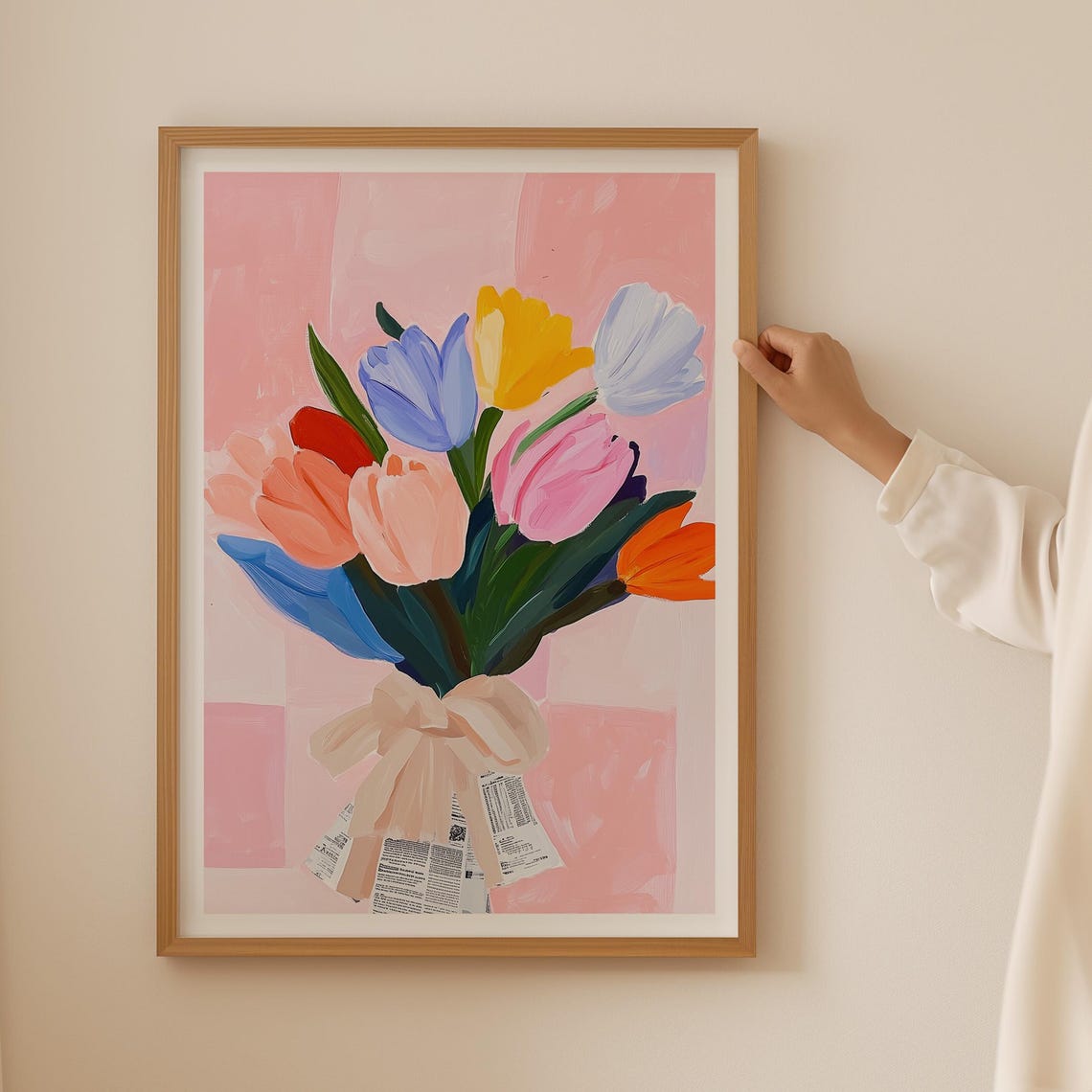 Colorful Tulip Bouquet Wrapped in Newspaper Bow on Pink Print