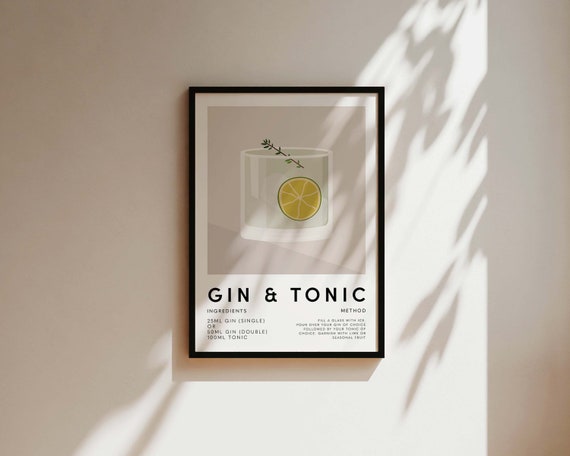 Gin And Tonic Cocktail Poster, Kitchen Bar Decor