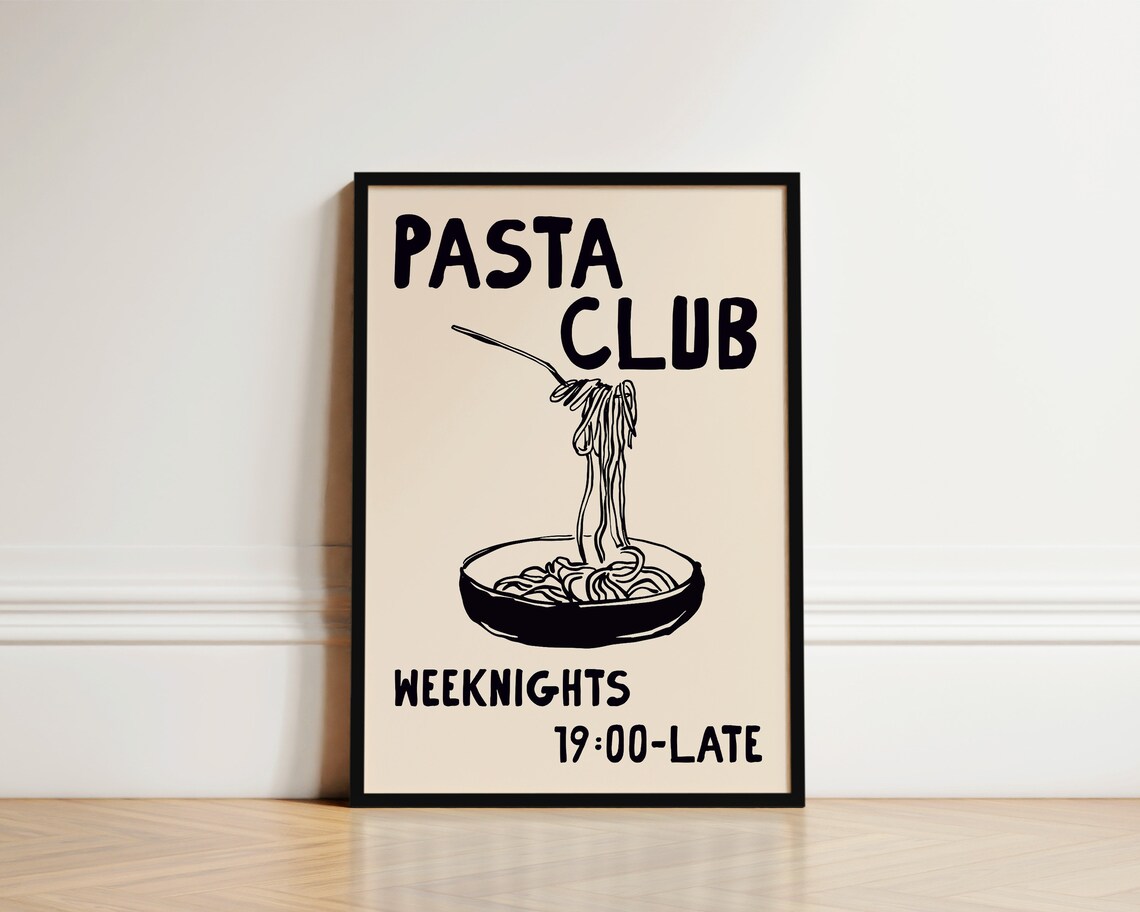 Pasta Club Kitchen Art Print, Hand-Drawn Poster