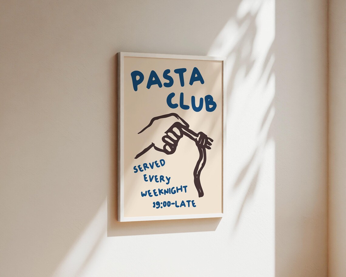 Pasta Club Kitchen Poster, Hand Drawn Blue Print - Image 2
