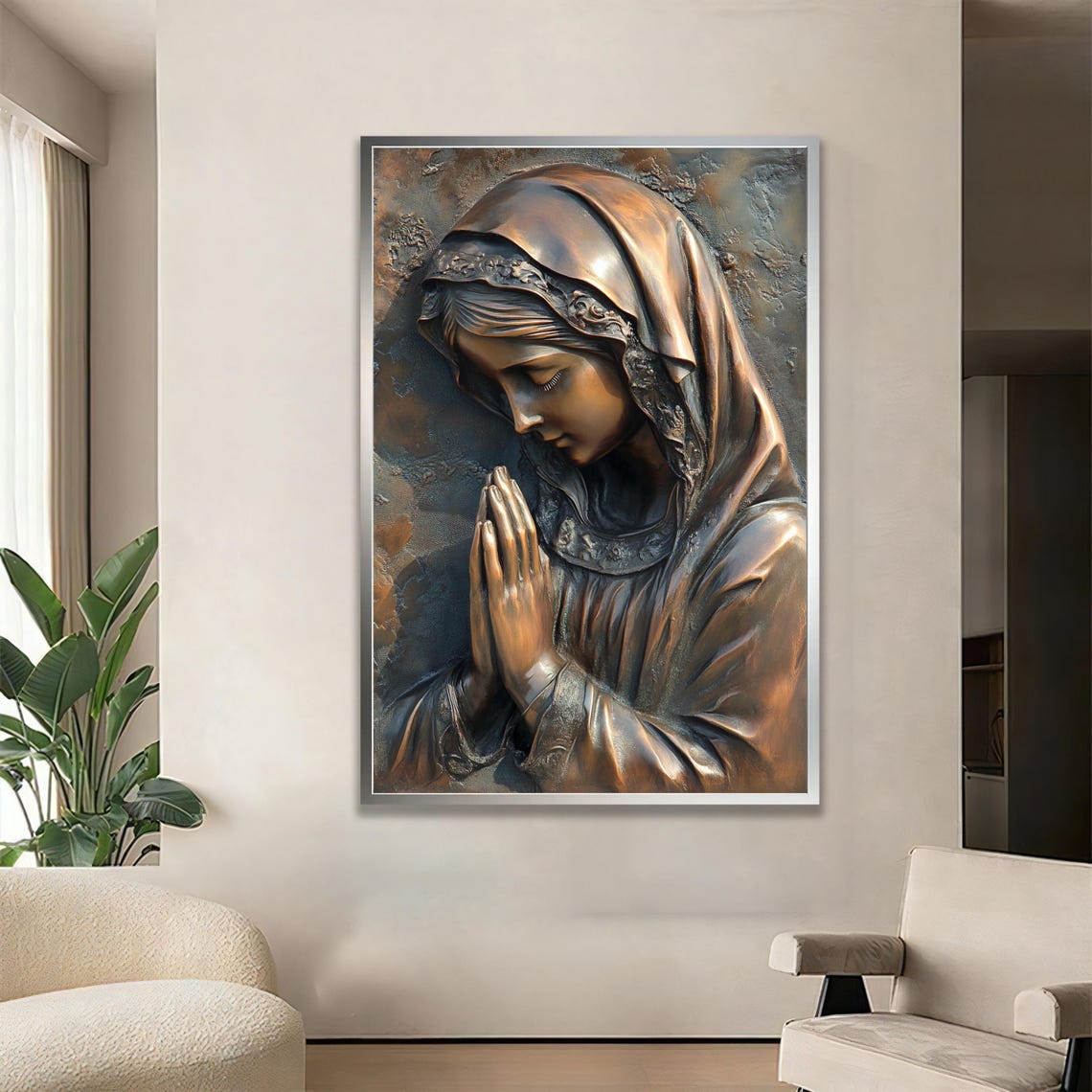 Virgin Mary Praying Copper Embossed Relief Religious Art Poster