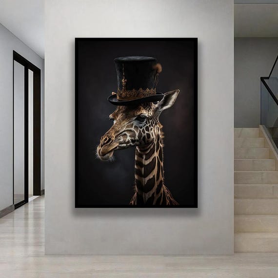 Giraffe Portrait Wearing Hat Whimsical Animal Artwork Playful Safari Inspired Painting Modern Wildlife Wall Art Print