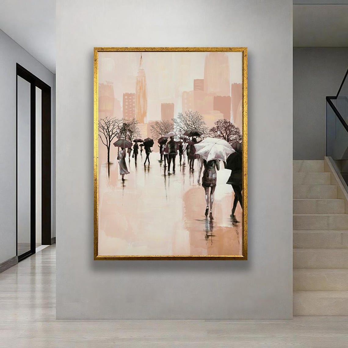 Rainy City Street Umbrellas Impressionist Urban Canvas Poster