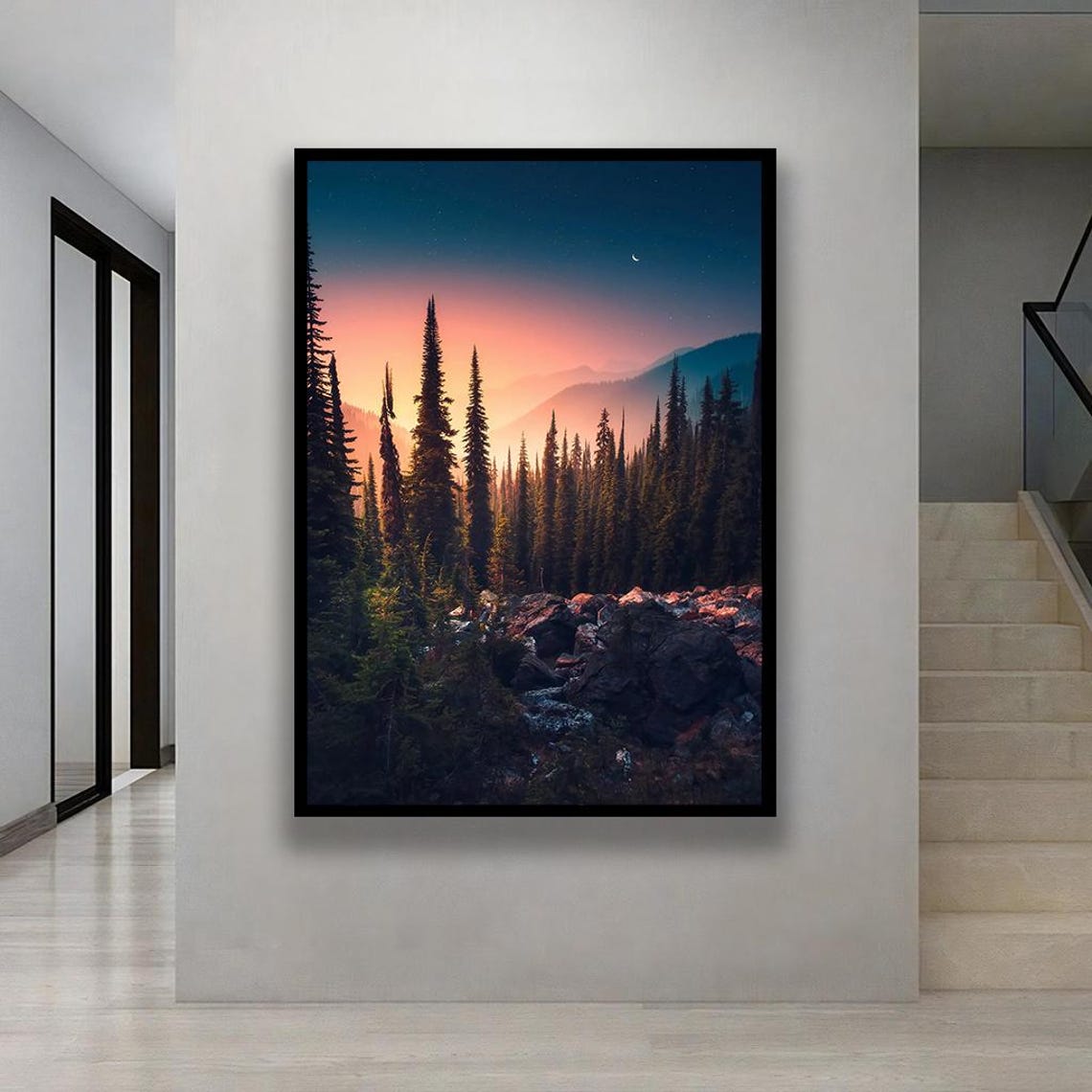 Pine Forest Sunrise Crescent Moon Mountain Landscape Art Poster