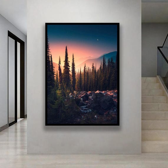 Sunrise Over Mountains And Forest Green Toned Nature Landscape Canvas Art