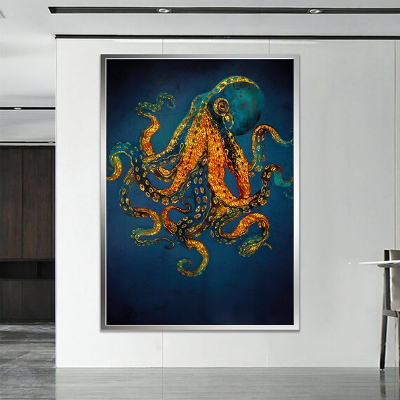 Golden Octopus Navy Blue Surreal Ocean Canvas Art Style Poster