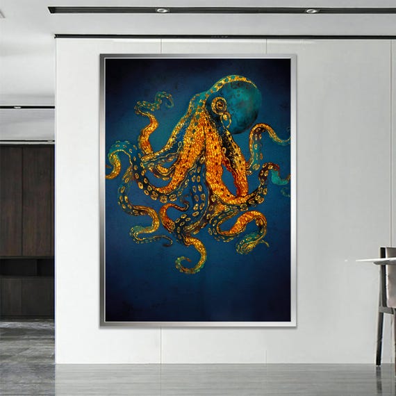 Surreal Octopus Canvas Art Yellow Orange On Navy