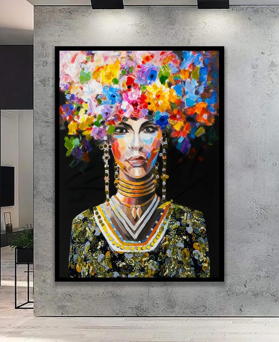 African Woman Canvas Art Vibrant Floral Headdress Cultural Portrait