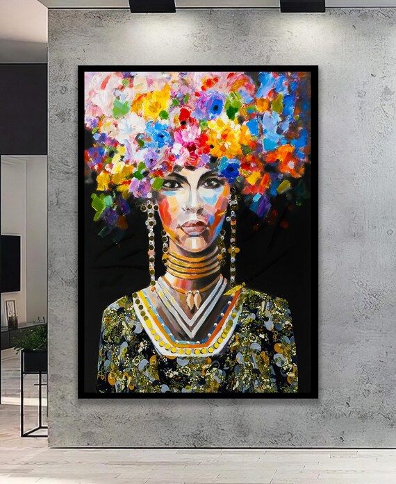 Vibrant African Woman Floral Headdress Impressionist Portrait Poster