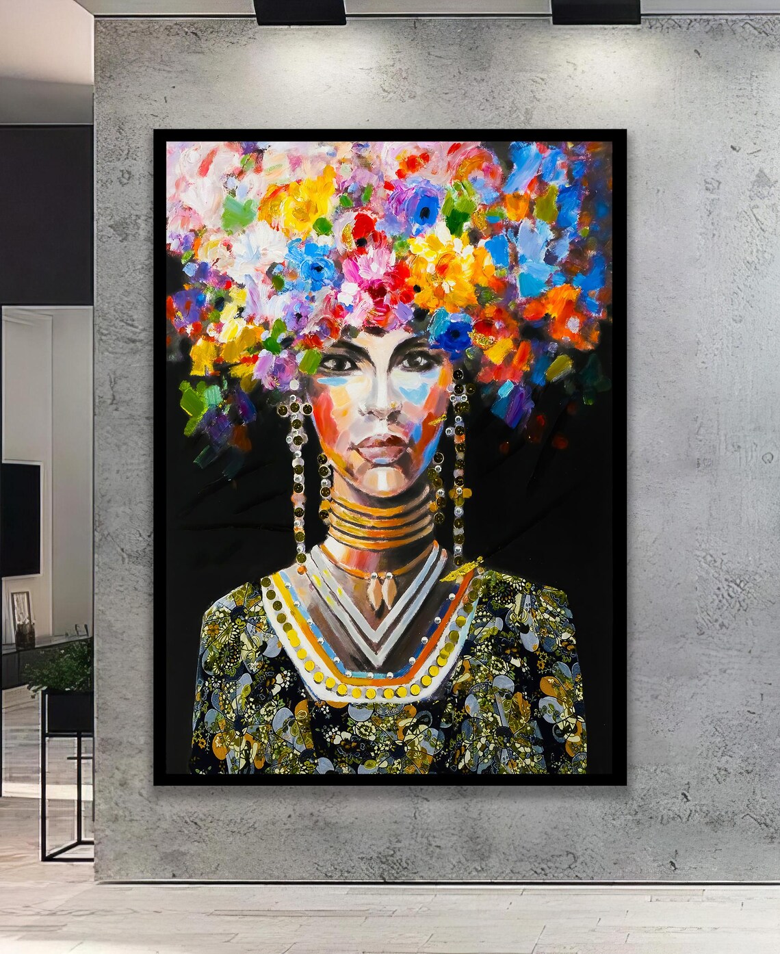 Vibrant African Woman Floral Headdress Impressionist Portrait Poster