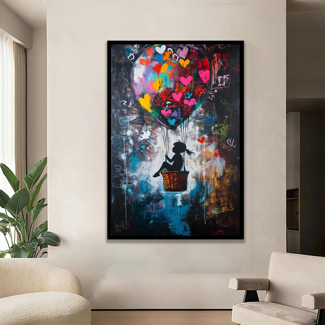 Child With Heart Hot Air Balloon Colorful Street Art Style Love Poster