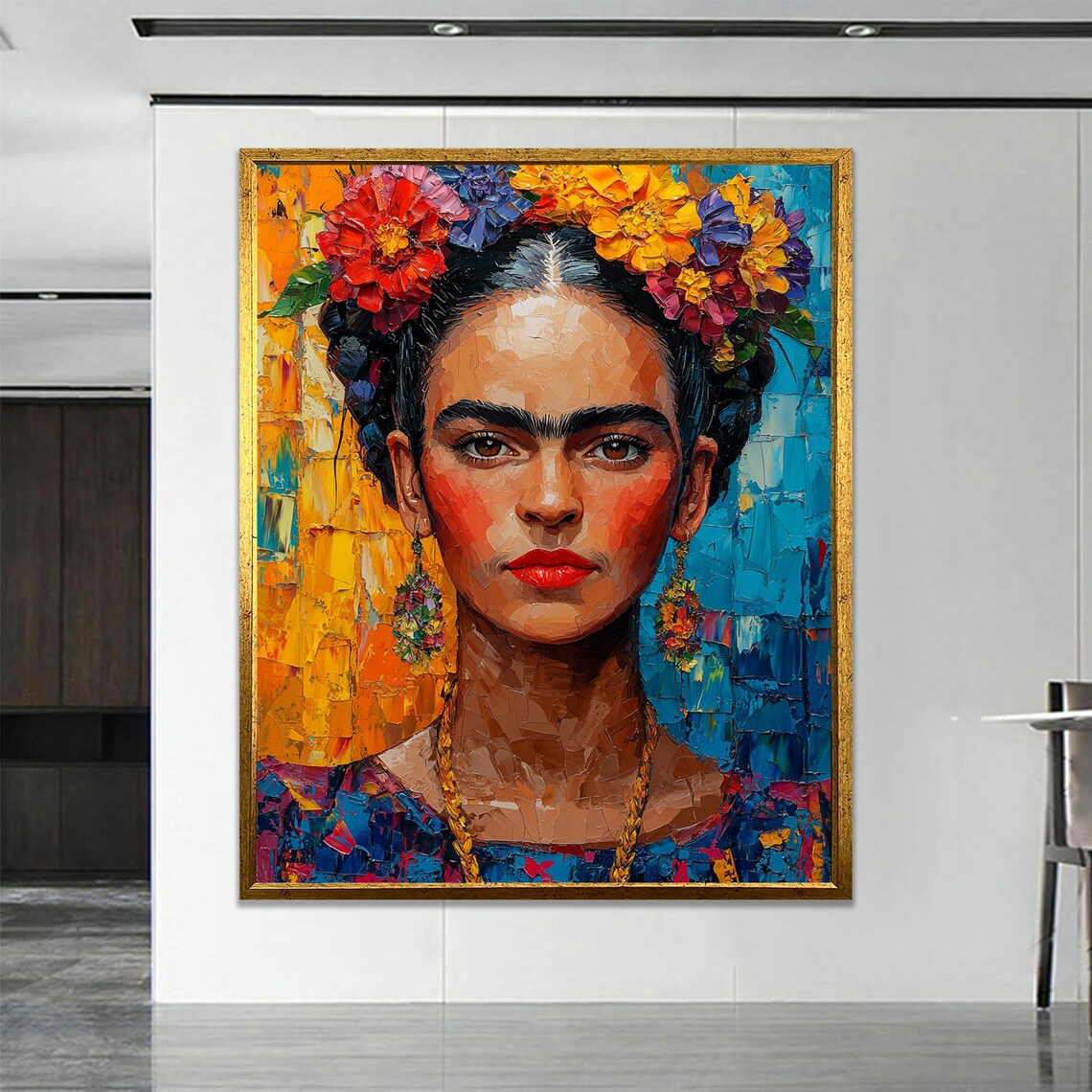 Frida Kahlo Inspired Flower Crown Portrait Colorful Impasto Poster