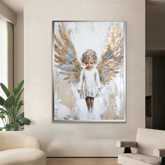 Golden Angel Girl With Wings Heavenly Child Canvas Art
