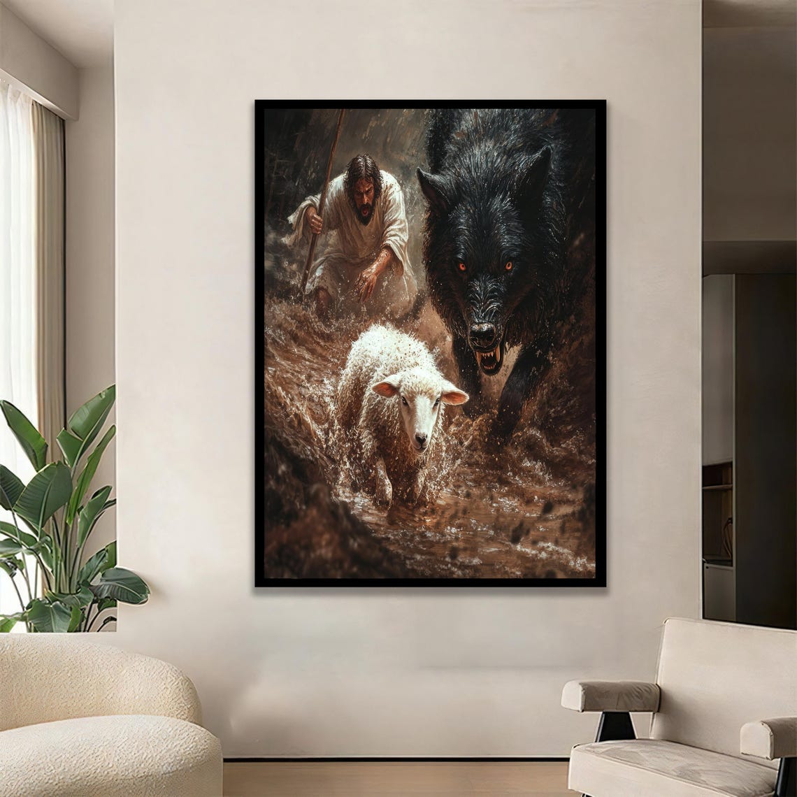 Shepherd Rescues Sheep From Black Wolf Dramatic Faith Art Poster