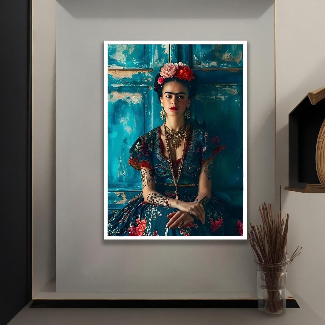 Frida Kahlo Teal Floral Dress Statement Jewelry Portrait Poster