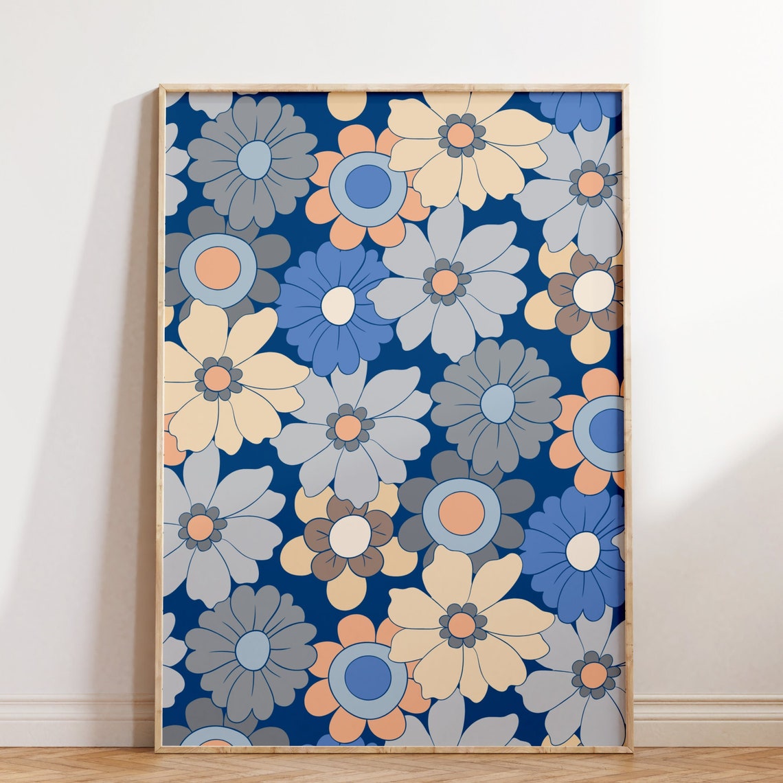 Blue Retro Flower Pattern Groovy Daisy 70s Floral Wall Decor Poster