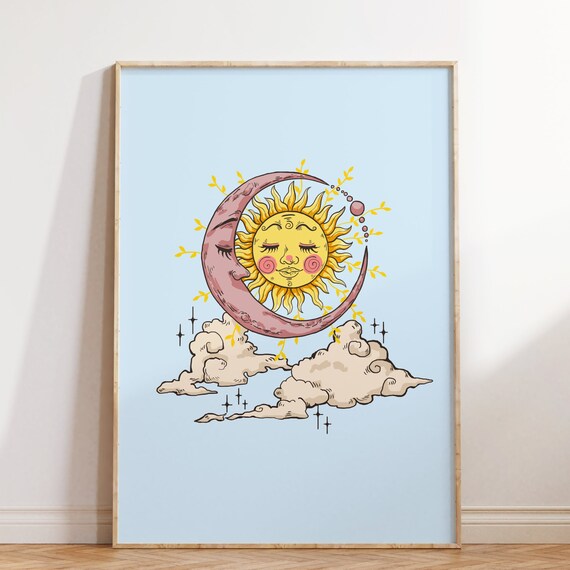 Celestial Sun Moon Wall Print Hippie Wall Decor Print Retro Wall Art Large Art Witch Decor Hippie Poster