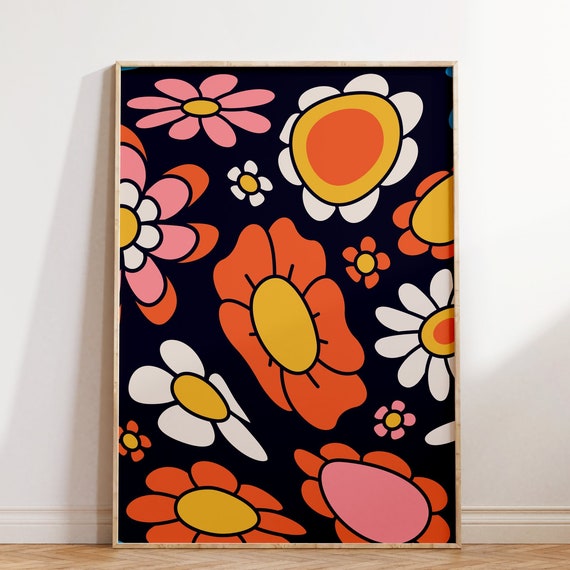 Retro Flower Poster, Groovy Floral Wall Decor
