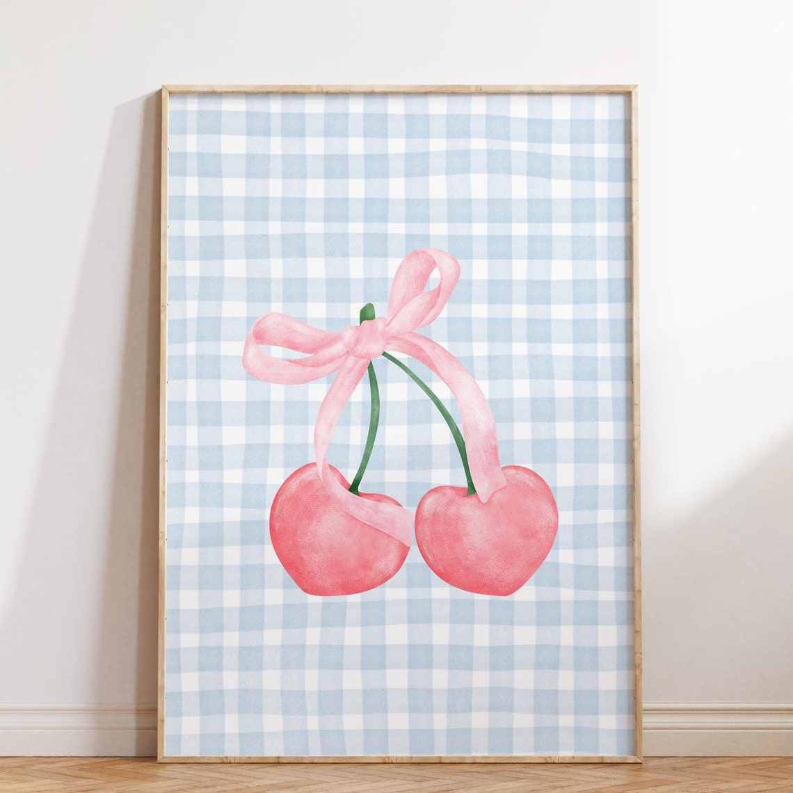 Pink Cherry Bow Blue Gingham Check Coquette Kitchen Art Print