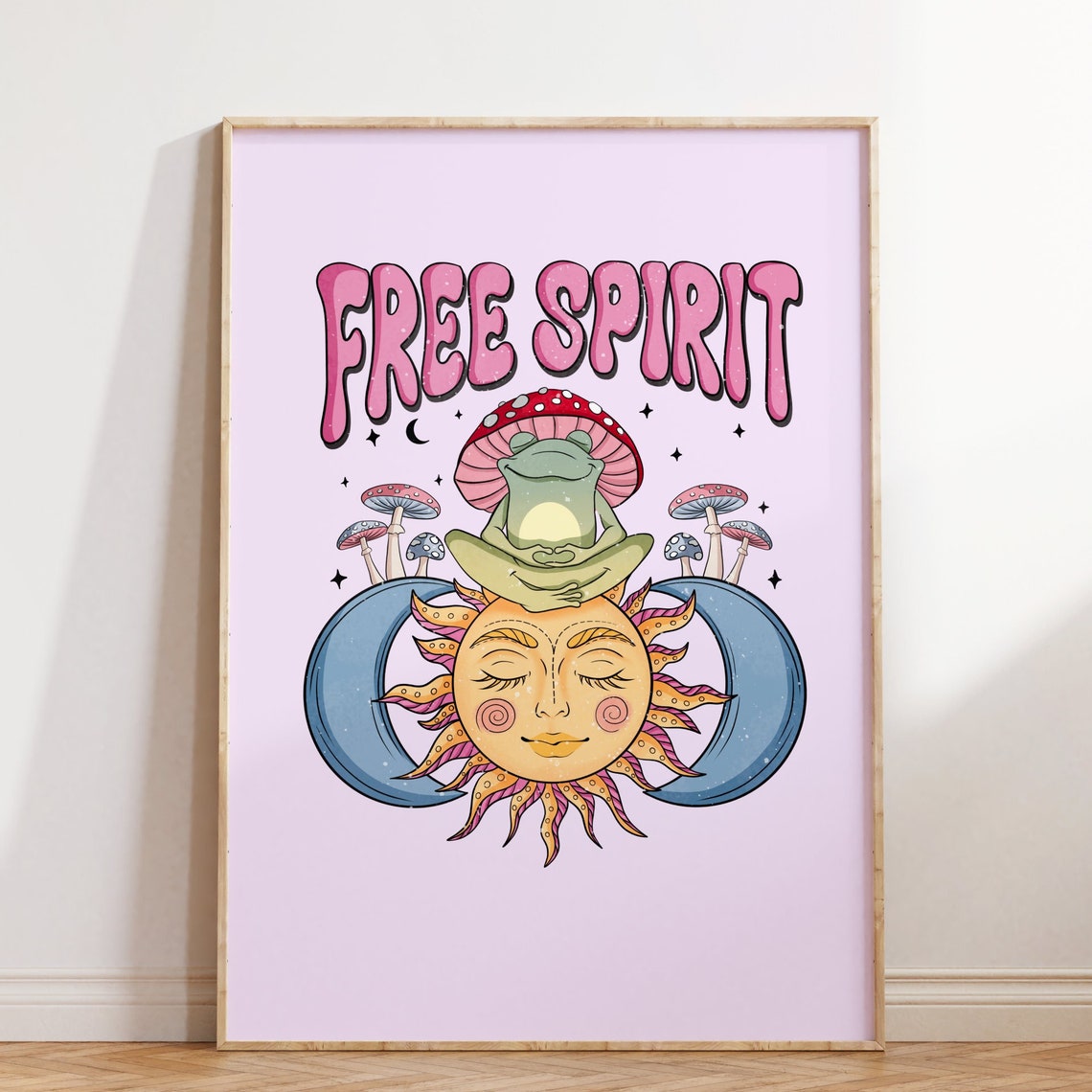 Free Spirit Meditating Frog Poster Celestial Sun Moon Mushroom Decor