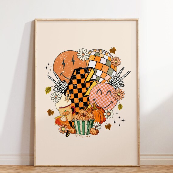 Retro Fall Collage Pumpkins Disco Ball Checkered Smiley Poster